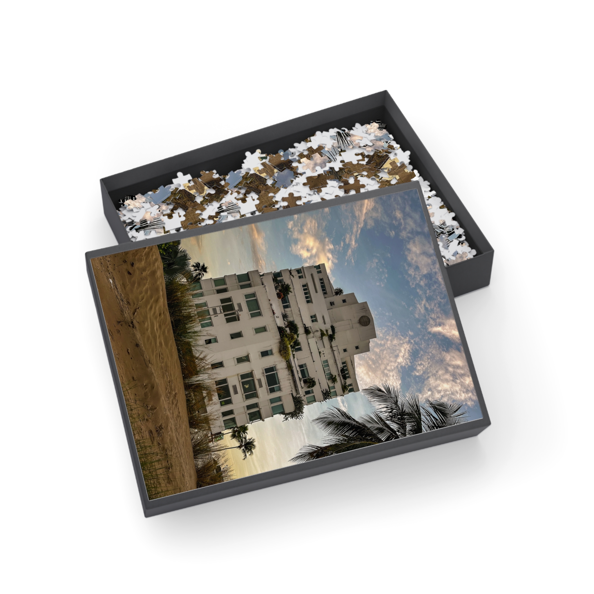Beachfront at Isla Verde jigsaw puzzle with its black gift box